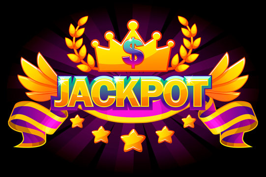 Jackpot banner. Casino label with crown and red award ribbon. Casino jackpot winner awards with golden text and ribbon. Vector objects on separate layers.