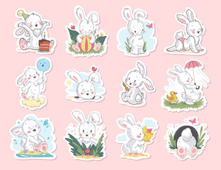 Vector set of beautiful children stickers with cute little white bunny character sitting, smiling, walking isolated. Hand drawn sketch style. For baby shower card, happy birthday invitation, tee print