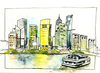 Hand drawn watercolor illustration of shanghai city center with a beautiful view from the riverbank on a skyscrapers, office buildings and a floating ship