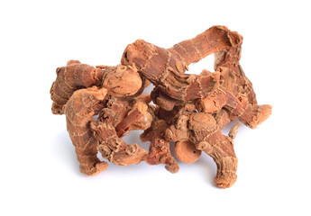 Alpinia officinarum, known as lesser galangal, or Havlucan. Dried Root. Isolated on white background