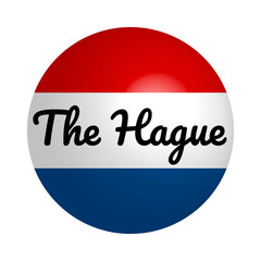 Round button Icon of national flag of Netherlands with inscription of city name: The Hague in modern style and reflection of light. Vector EPS10 illustration.