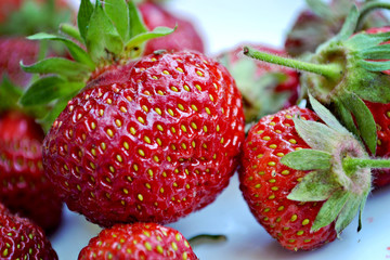 Fresh organic strawberry in farmers markt. Food background