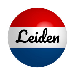 Round button Icon of national flag of Netherlands with inscription of city name: Leiden in modern style and reflection of light. Vector EPS10 illustration.