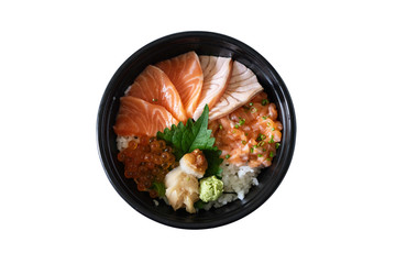 Top view of salmon don, fresh sashimi, raw salmon, salmon roe , wasabi, pickled ginger and shiso leaf on the Japanese sour rice on white background with clipping path. Take home food.