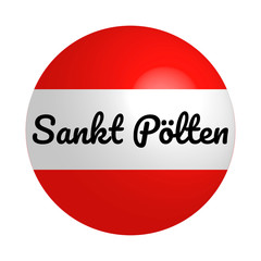 Round button Icon of national flag of Austria with inscription of city name: Sankt Pölten in modern style and reflection of light. Vector EPS10 illustration.