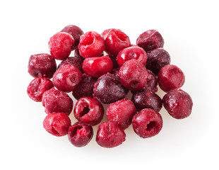 Heap of frozen cherry berries isolated on white background