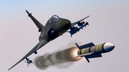 a fighter jet launches a missile (3d rendering)