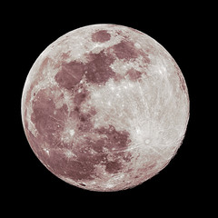A full moon isolated against a black night sky in high resolution with fine details on the surface with red tones