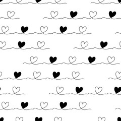 Vector seamless pattern. Hand drawn scribbled hearts monochromatic pattern. Sketched texture. Black elements isolated on white background. - obrazy, fototapety, plakaty