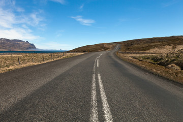 Fototapeta na wymiar Asphalt road in the fjords of Iceland