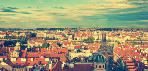 Beautiful view of old Prague, Charles Bridge and the city skyline. Panorama of ten vertical frames. Toned.