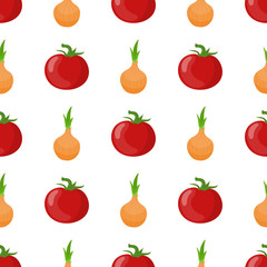 Seamless pattern with fresh tomato and onion vegetables. Organic food. Cartoon style. Vector illustration for design, web, wrapping paper, fabric, wallpaper.