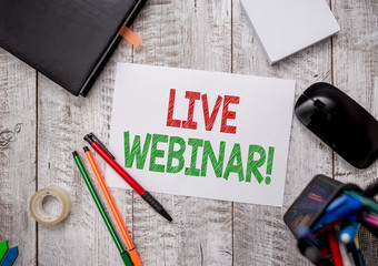 Writing note showing Live Webinar. Business concept for presentation lecture or seminar transmitted...