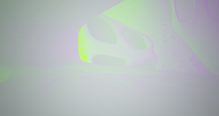 Abstract  white Futuristic Sci-Fi interior With Violet And Green Glowing Neon Tubes . 3D illustration and rendering.