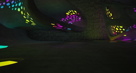 Abstract  Concrete and Glass Futuristic Sci-Fi interior With Colored Glowing Neon Tubes . 3D illustration and rendering.