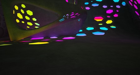 Abstract  Concrete and Glass Futuristic Sci-Fi interior With Colored Glowing Neon Tubes . 3D illustration and rendering.