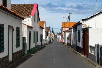 Fototapeta na wymiar Traditional homes on a street of Ponta Delgada, Azores, Portugal 