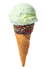 wafer cone decorated colorful sprinkles with green scoop of ice cream isolated on white background