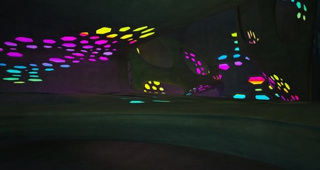 Abstract  Concrete and Glass Futuristic Sci-Fi interior With Colored Glowing Neon Tubes . 3D illustration and rendering.