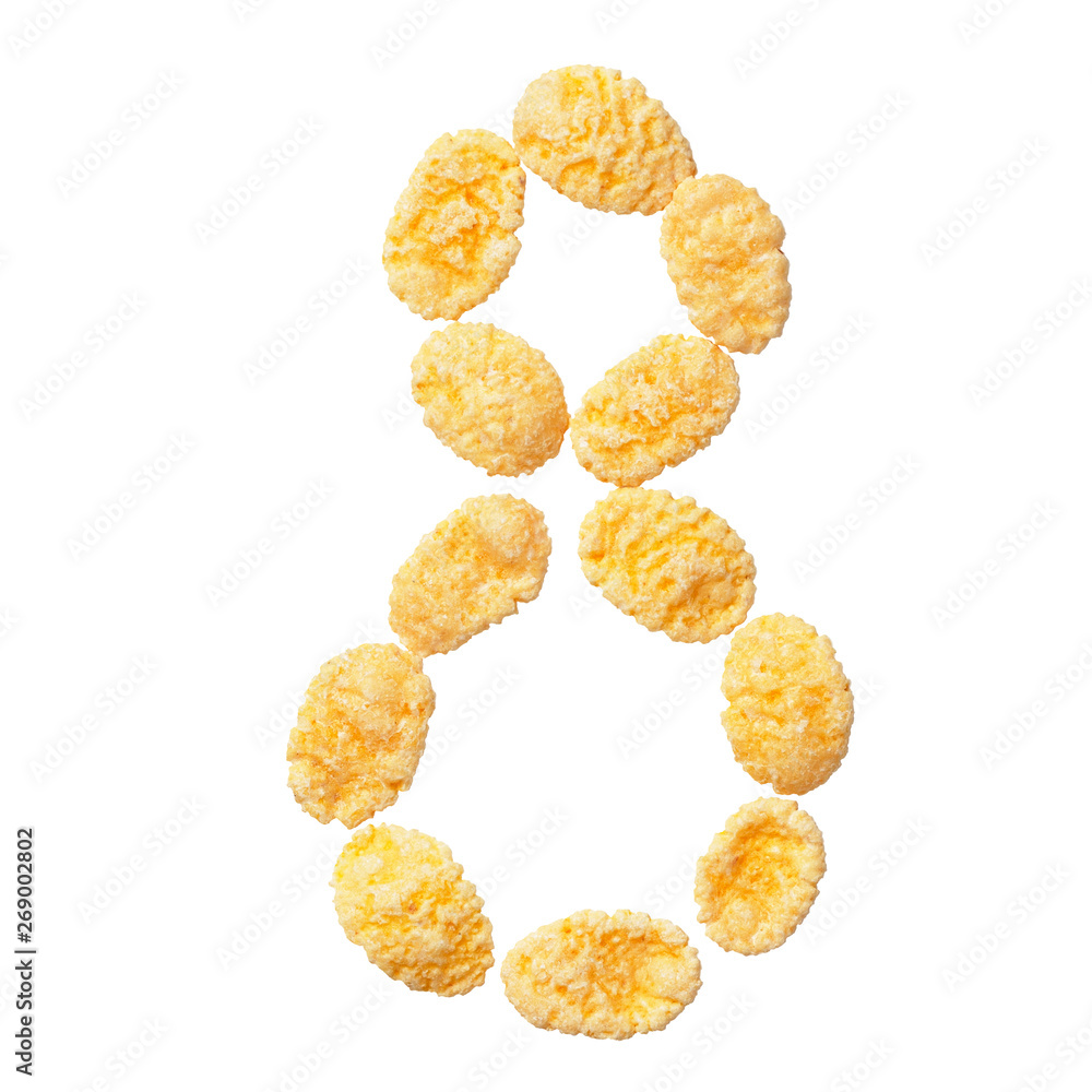 Wall mural yellow cornflakes number eight 8 isolated on white background.