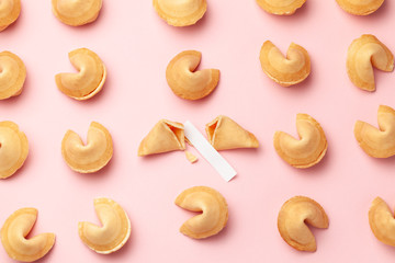 Chinese fortune cookies. Cookies texture pattern with empty blank inside for word prediction. Pink...
