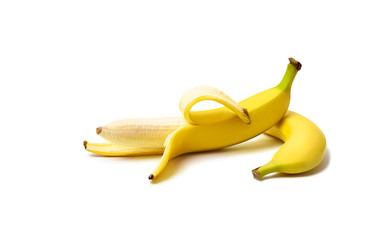 Whole and peeled banana isolated on white background