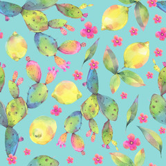 Hand painted watercolor illustration. Colorful seamless pattern with lemons and cactuses. 