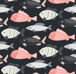 Vector seamless pattern with abstract fish. Undersea world. Aquarium. Wrapping paper, package, wallpaper, clothing and other textile in a pet store or fishing gear shop, seafood menu cover, banner