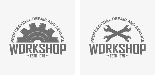 Logo workshop repair and service. Keys, gear and text in black and white