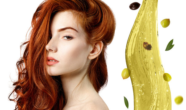 Hair Treatment By Oil Therapy. Flying Green Olive Splash.