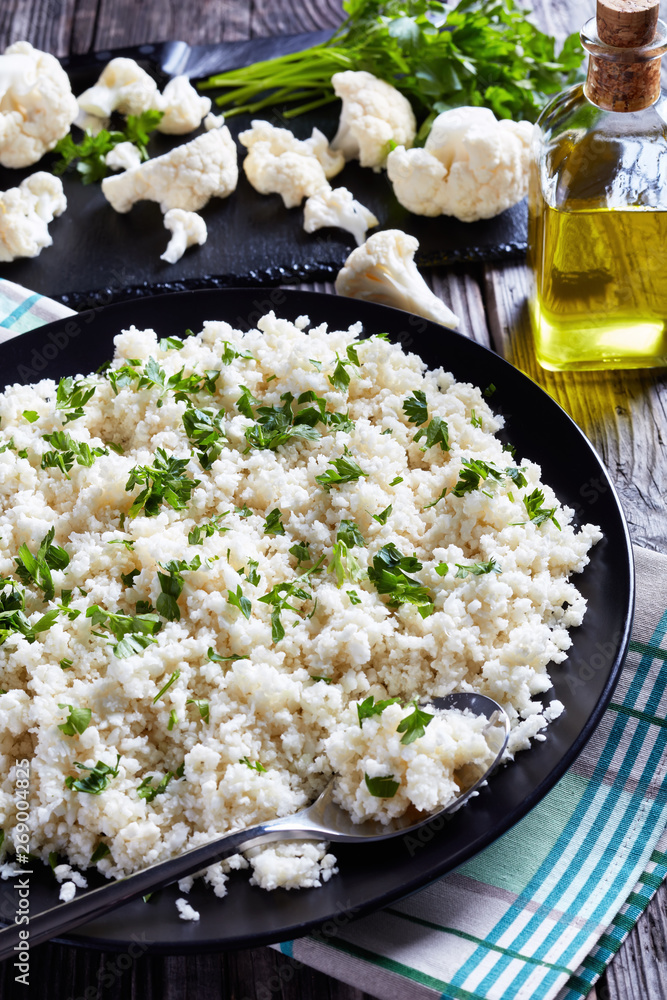 Poster close-up of tasty cauliflower rice or couscous