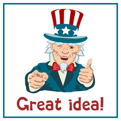 Smiling Uncle Sam shows one hand forward on the other thumb up, text Great idea, on white background