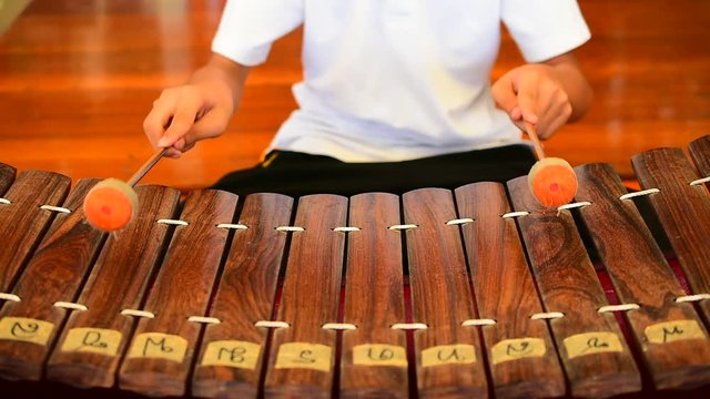 People are playing Thai music and playing xylophone.