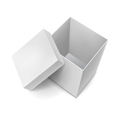 Opened gift cardboard box with cap mockup. Cardboard case 3d layout. Top view of blank paper box isolated on white background. Realistic pasteboard cube container with shadow vector illustration.