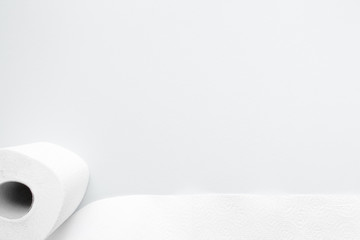 Soft, white toilet paper roll on light gray background. Hygiene concept. Empty place for text, object or logo. 