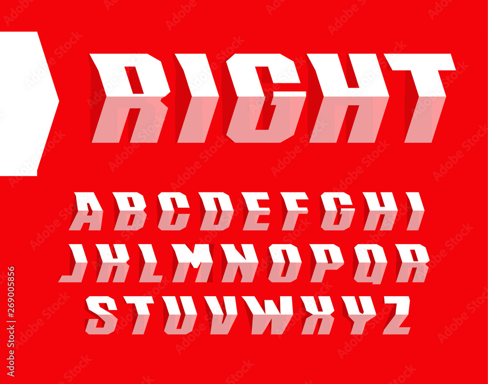 Poster Arrow style letters set. Unusual font in the form of an arrow. The alphabet looks like a turn road sign. Arrow towards the right. Pointing the way alphabet.