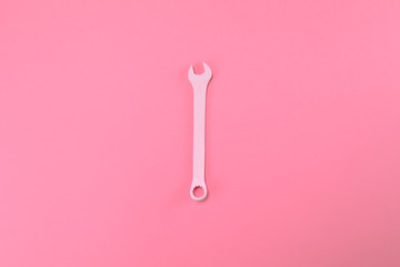 Pink instrument lie on pastel pink background. Minimal summer concept.