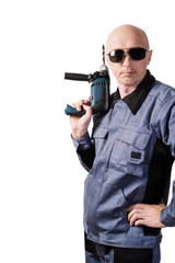 background; white; caucasian; isolated; portrait; man; human; gray; one; goggles; instrument; tool; russian; adult; grown-up; worker; hold; profession; trade; european; overalls; working clothes; work
