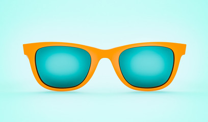 Realistic green sunglasses lie on green background. Summer poster. 3D model render illustration