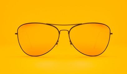 Realistic gray sunglasses lie on gray background. Summer poster. 3D model render illustration