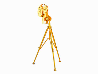 Golden classic cinema camera Isolated on gray background. 3D rendering model illustration