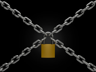 Flying golden lock isolated on black background. 3D rendering model illustration