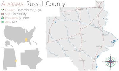Large and detailed map of Russell county in Alabama, USA