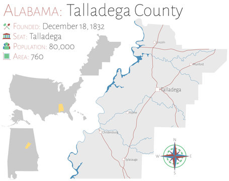 Large and detailed map of Talladega county in Alabama, USA