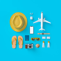 Suitcase with sun glasses, slippers, hat, suntan cream, phone and camera on blue minimal style background. Travel concept. 3D model render visualization illustration