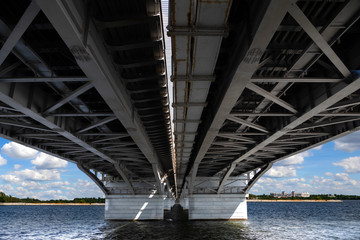 Road bridge connecting the two banks of the river in the city. Bottom view.