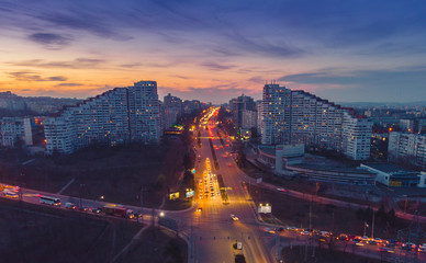 Beautiful night city. The gates of the city of Chisinau, Moldova, aerial view