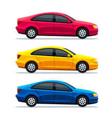 Vector set of sedan car isolated on white background. Side view. The design concept for a taxi, new car buying, traffic, and drivers education. Illustration.