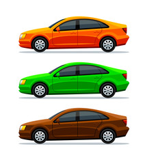 Vector set of cars Isolated on white background. Side view. Sedan. The green electric car, orange and brown auto, and vehicle. Transportation. 3d illustration.