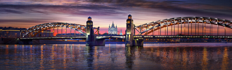 Panorama of the Bolsheokhtinsky bridge and the Trinity Cathedral in Saint-Petersburg
